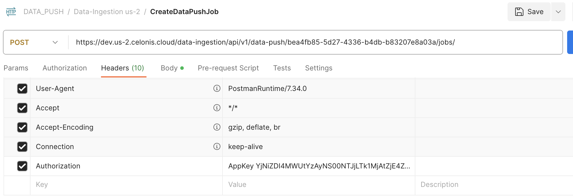 Postman interface displaying authorization header setup with Bearer token format in the Headers tab.
