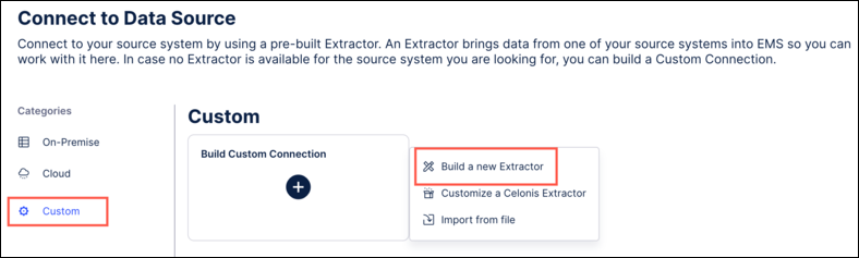 Screenshot showing the settings for creating a new custom extractor in the Celonis Platform.