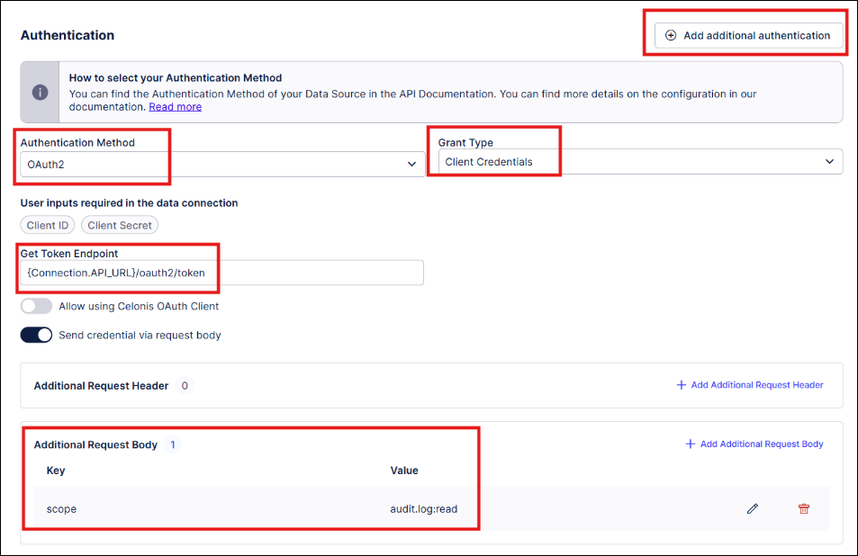 Screenshot showing the locations of the required fields on the Authentication screen.