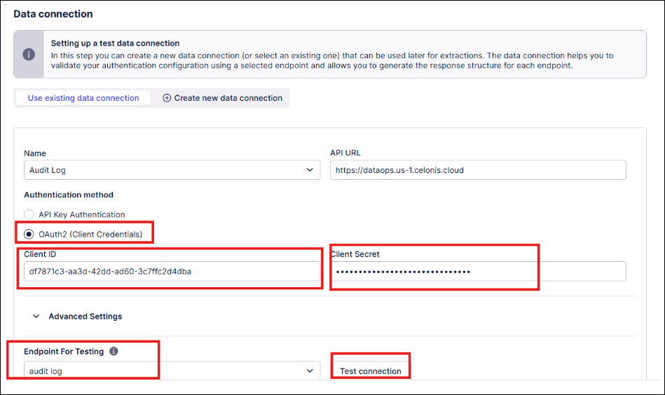 Screenshot showing the location of the Test Connection button.