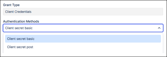 Screenshot showing the Authentication Methods dropdown used for creatng an application in the Celonis Platform.