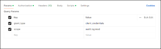 Screenshot showing sample params in Postman for Client basic.