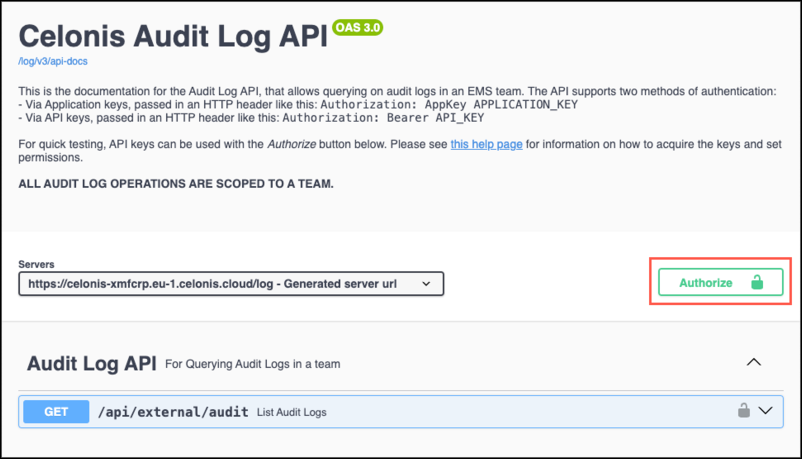 Screenshot showing the location of of the Authorize button in the Swagger interface.