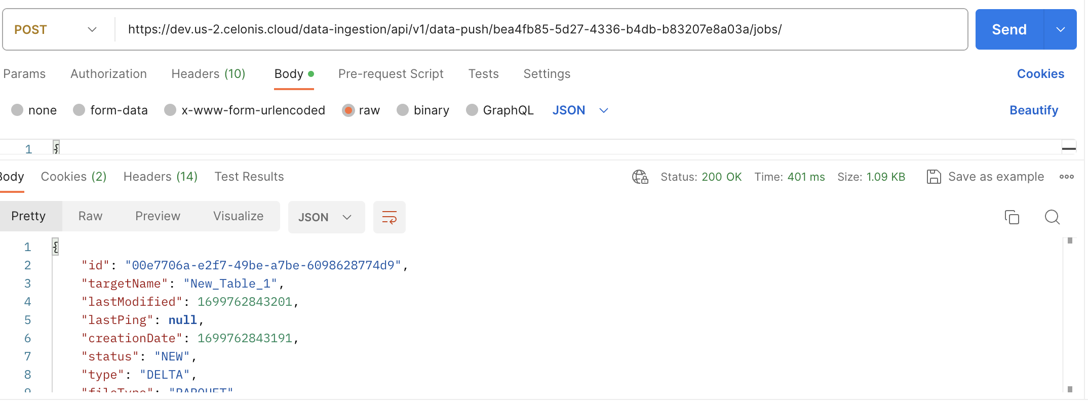 Screenshot showing an example of the POST request used to create a DataPushJob request in Postman.