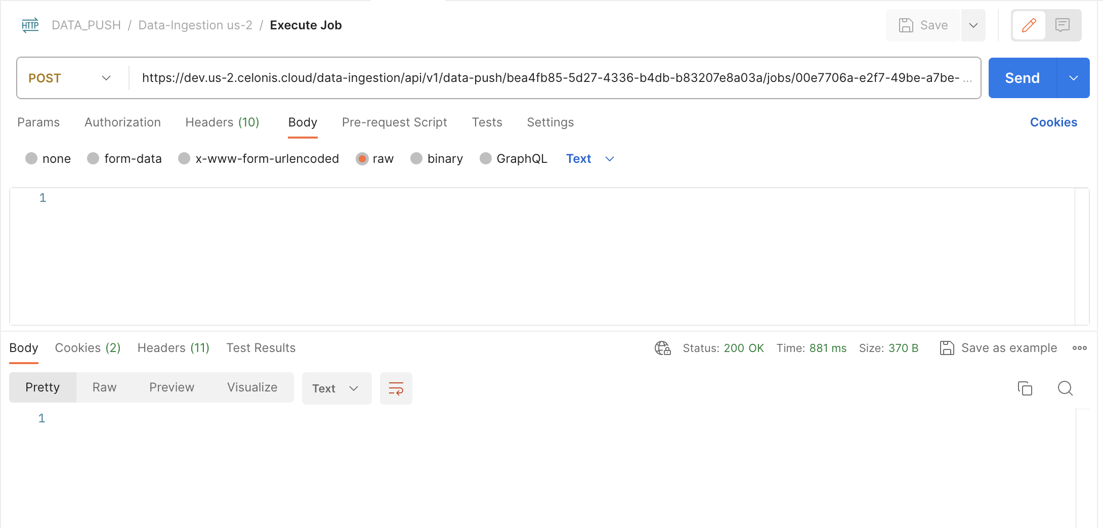 Screenshot showing a request to execute a Data Push job in Postman.