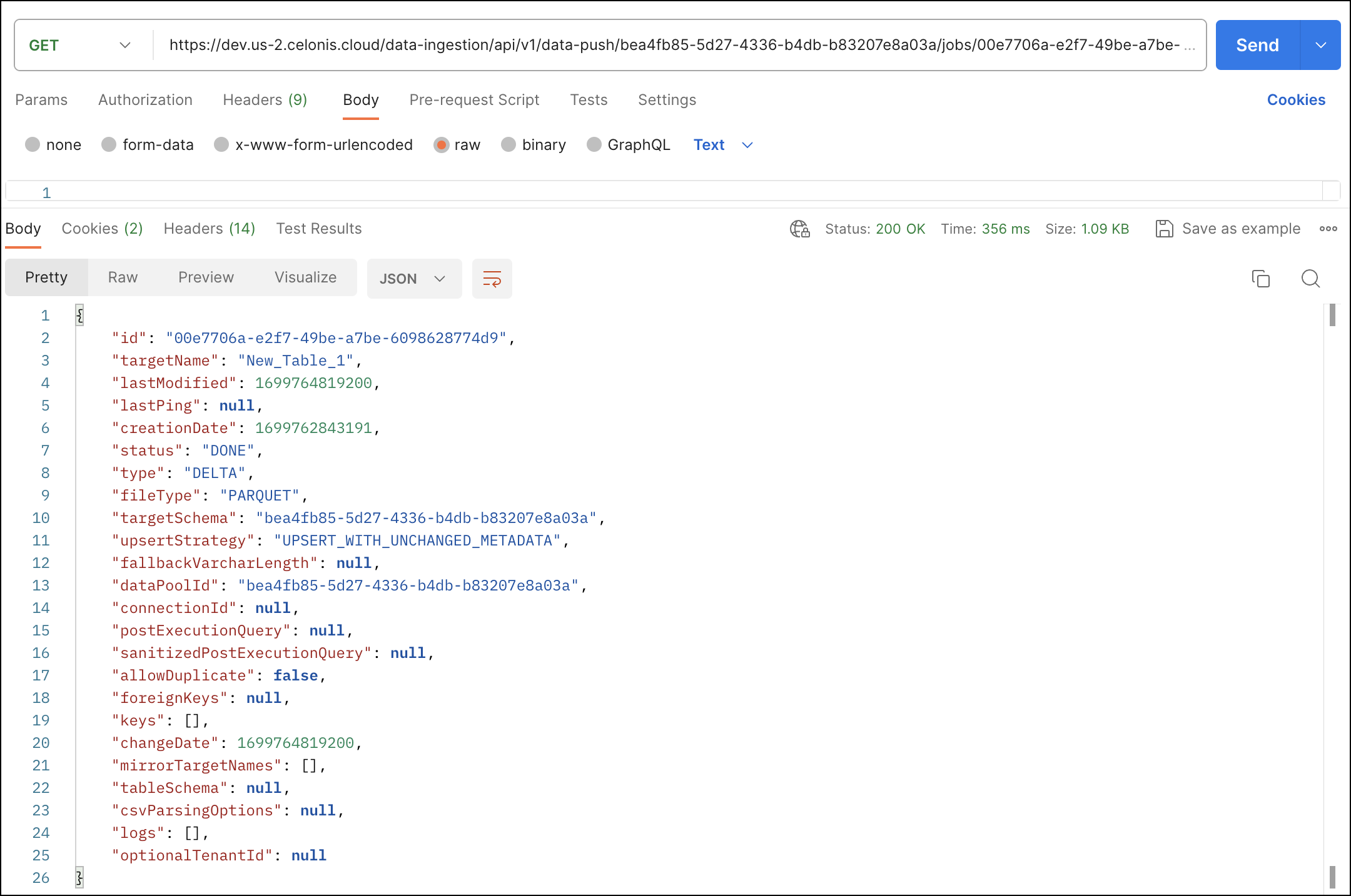Screenshot showing a request to get the details of a Data Push job in Postman.