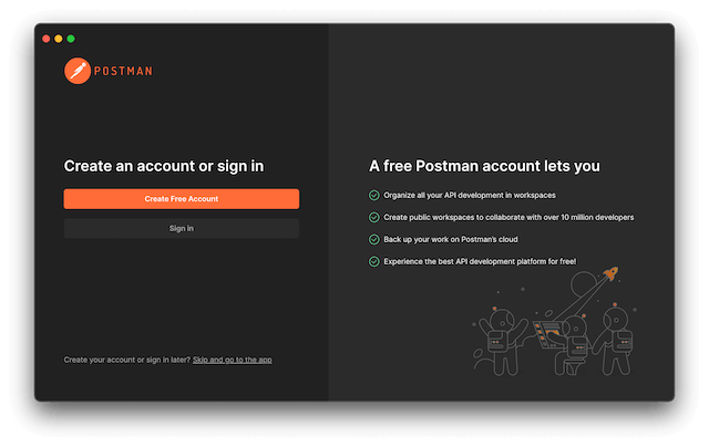 Screenshot showing a typical example of what the Postman login screen will look like when initially installed.