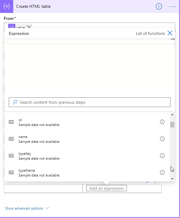Screenshot of the Power Automate template for the Create HTML table action.
