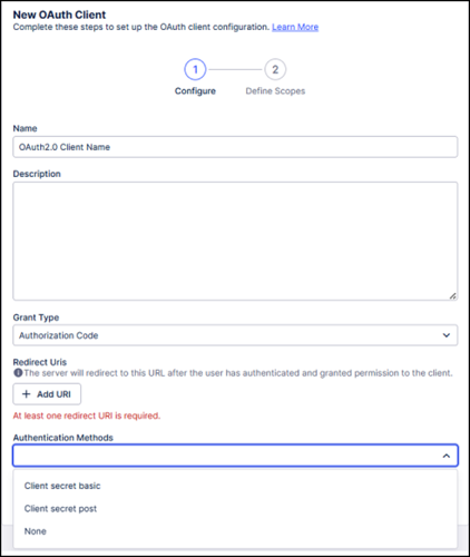 Screenshot showing the Authentication Methods dropdown on the New OAuth Client window.