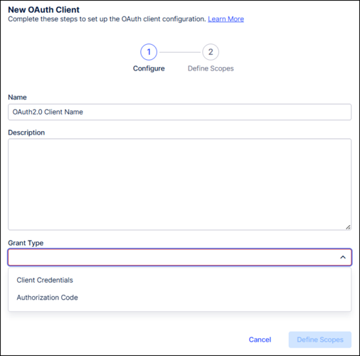 Screenshot showing the Grant Type dropdown on the New OAuth Client window.