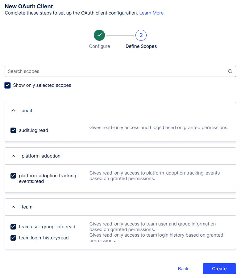 Screenshot showing Step 2 of the New OAuth Client screen.