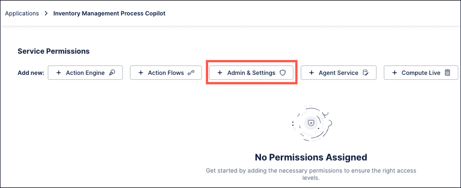 Screenshot showing the Service Permissions screen with the Admin & Settings button highlighted.