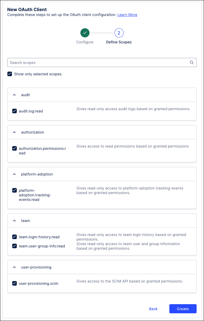 Screenshot showing Step 2 of the New OAuth Client screen.